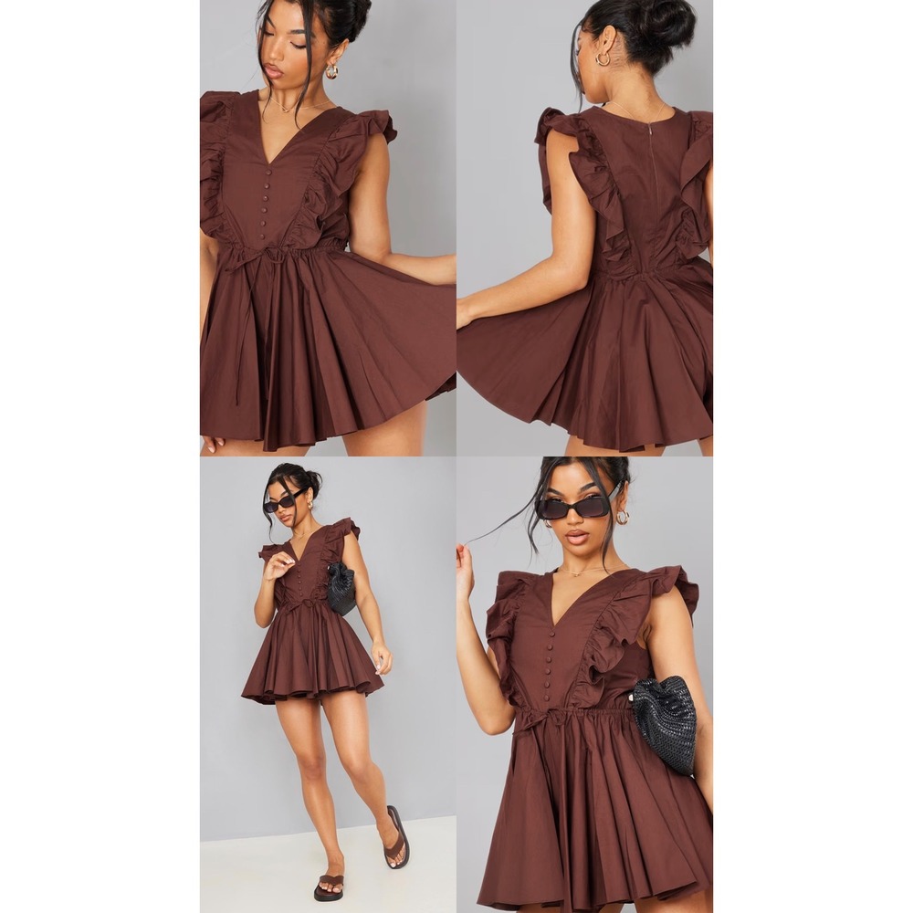 PrettyLittleThing Chocolate Brown Ruffle Button Front Skort Romper Womens US 8